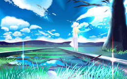 3d обои Девушка в лёгком платье и шляпке стоит у рельсов и смотрит в небо  вода