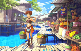 3d обои Девушка на японском базаре несёт коромысло с корзинами фруктов  предметы