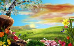 3d обои Позитивная картина-тюльпаны, цветущее дерево, бабочки, зелёный лужок, солнышко, птичка, пасхальные яйца  позитив