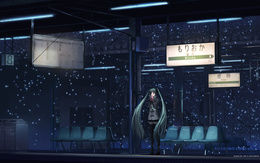 3d обои Замёрзшая вокалоид Хатсуне Мику зимой стоит на станции метро  снег