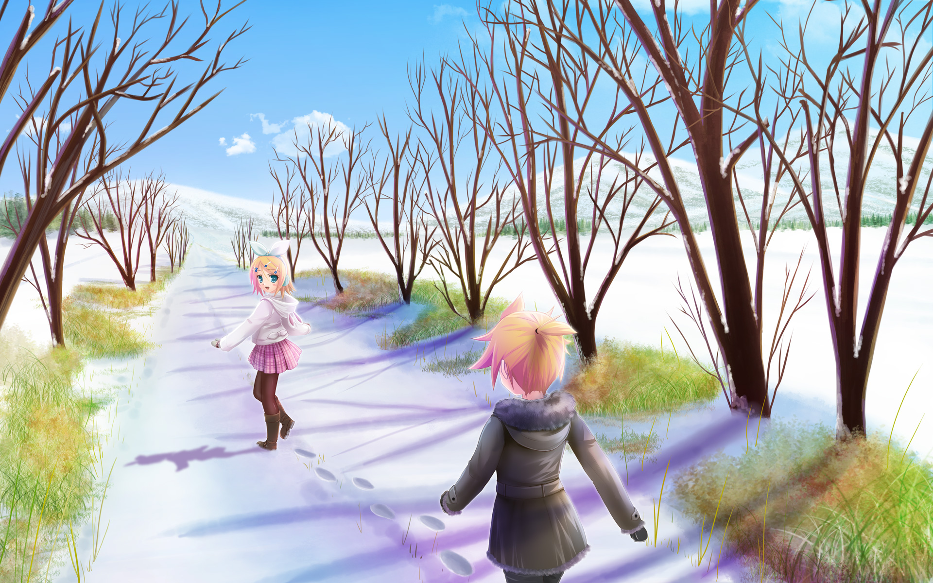 3d обои Вокалоиды Кагамине Рин и Лен гуляют в зимнем лесу  снег # 80451