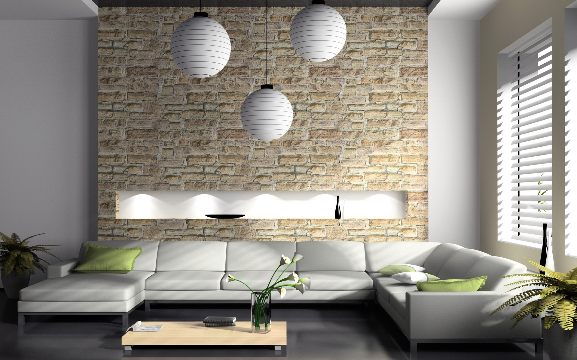 3d обои Белый диван с зелёными и белыми подушками в комнате, где стена отделана под камень  цветы # 86147