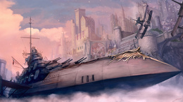 3d обои Военный корабль и самолёт у стен города  фэнтези