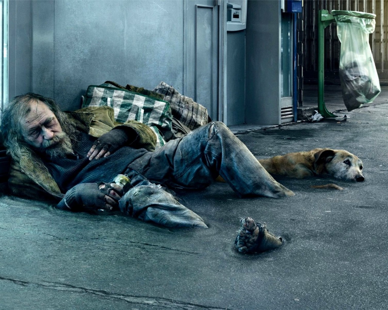 3d обои Бездомный человек и бродячий пес слились с осфальтом и стали частью городского ландшафта  ретушь # 76304