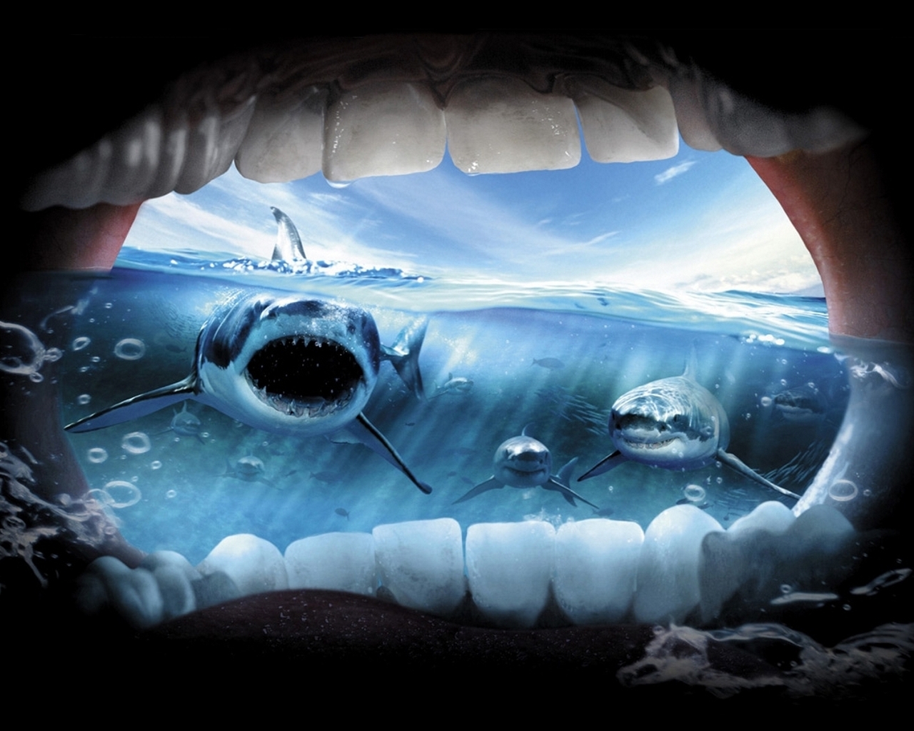 3d обои Вид изо рта человека, увидевшего  акул  животные # 38147