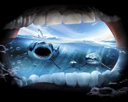3d обои Вид изо рта человека, увидевшего  акул  небо