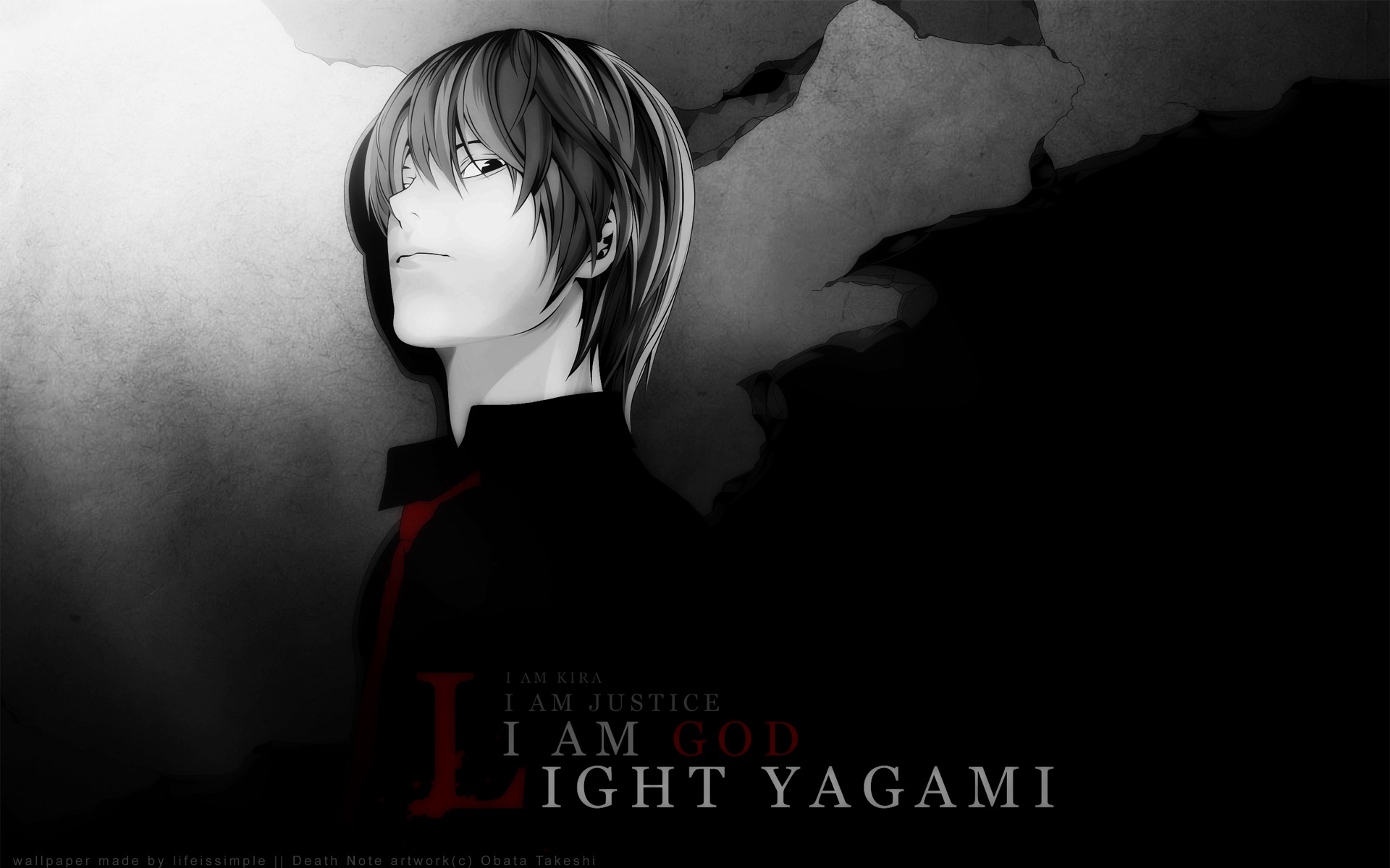 3d обои Кира из аниме Death note (I am Kira. I am justice. A am God. A am Light Yagami)  черно-белые # 88474