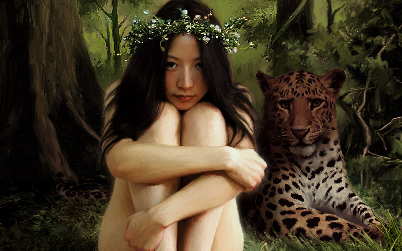 3d обои Девушка, с венком из белых цветов на голове, сидит рядом с леопардом  животные # 38135