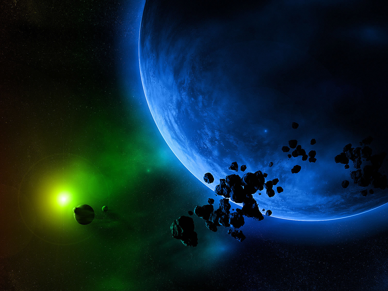 3d обои Голубая планета, окружённая астероидами вдали от другой планеты и ее спутников  космос # 45259