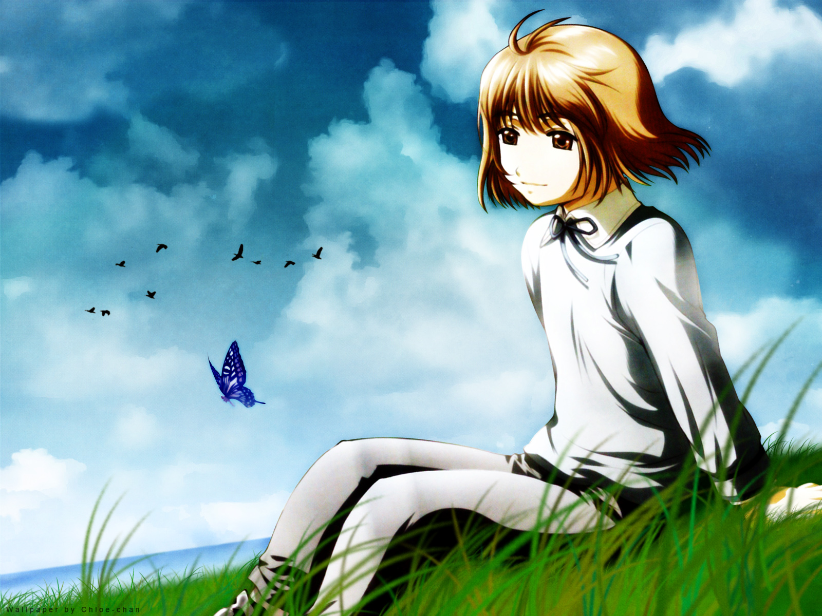 3d обои Генриетта из аниме Школа убийц / Gunslinger Girl сидит на траве и смотрит на бабочку (Wallpaper by Chloe-chan)  насекомые # 59787