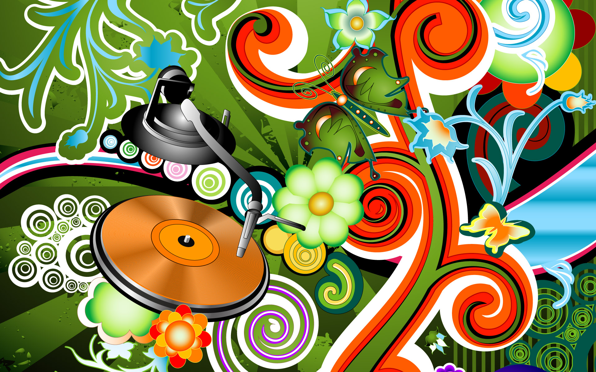 3d обои Цветы, бабочки, допотопный проигрыватель, всё вместе создаёт на рисунке позитивный настрой  рисунки # 77117