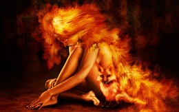 3d обои Девушка с огненными волосами вместе с огненной лисицой  лисы