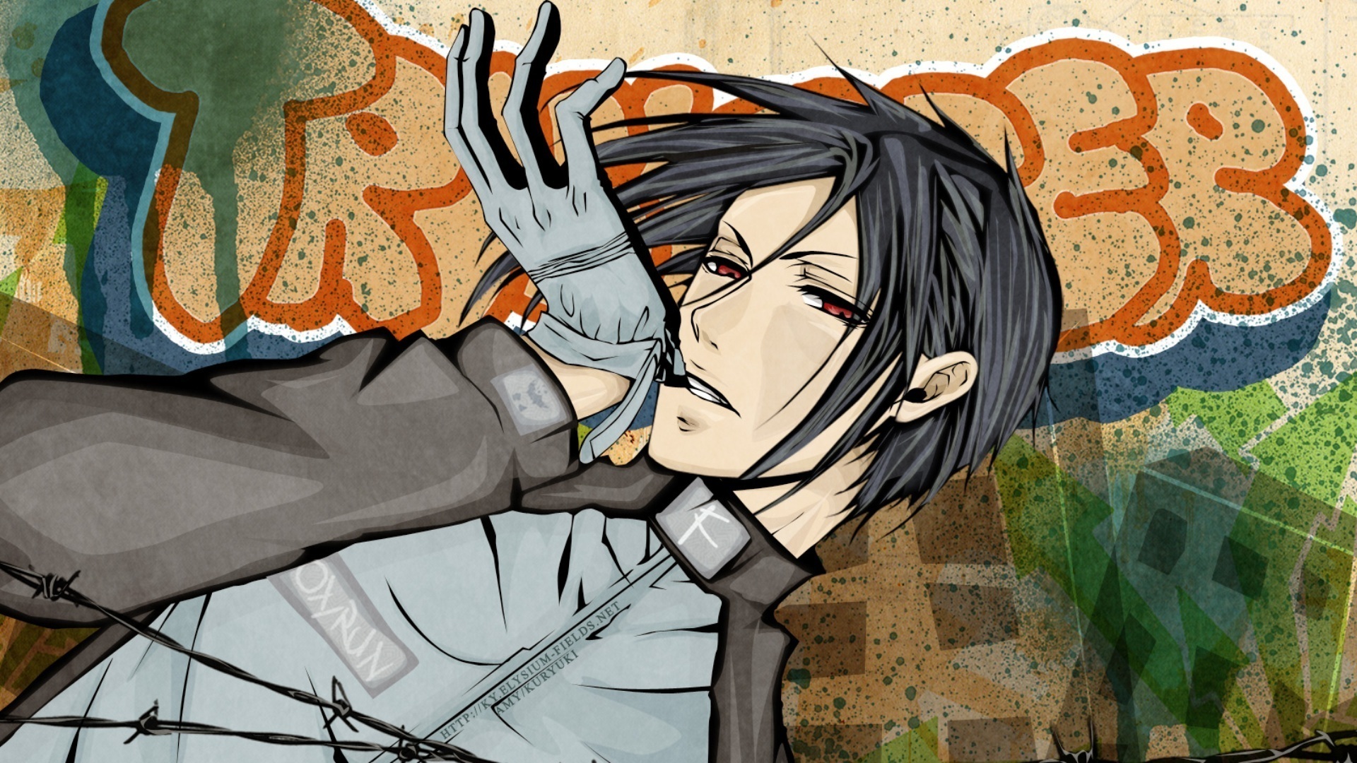 3d обои Себастьян из аниме Тёмный дворецкий / Kuroshitsuji на фоне граффити  фразы # 83608