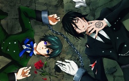 3d обои Себастьян и Сиэль из аниме Тёмный дворецкий / Kuroshitsuji лежат прикованные друг к другу кандалами за руки  1680х1050
