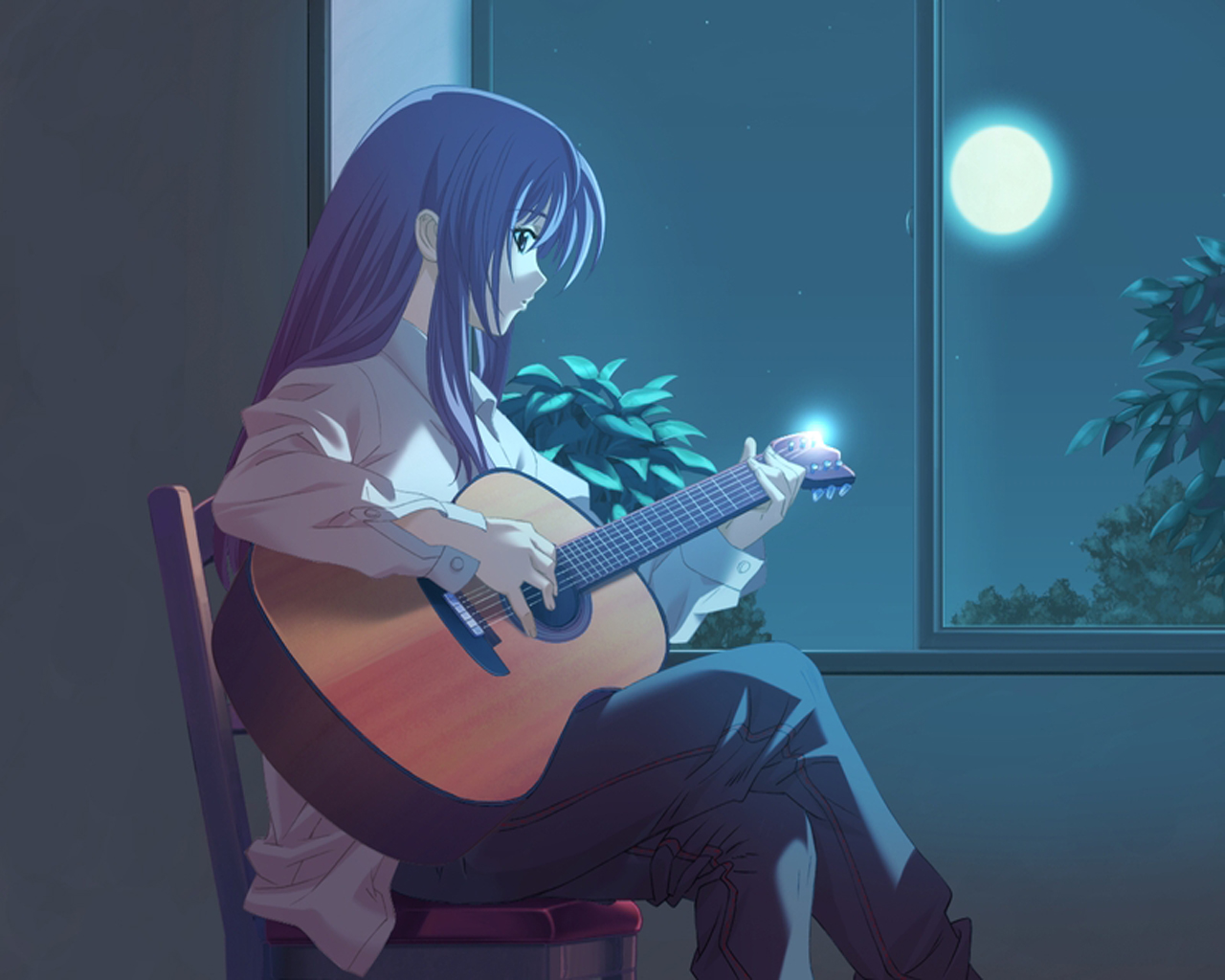 3d обои Девушка, лунной ночью, сидя ночью у окна, играет на гитаре  1280х1024 # 1576