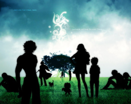 3d обои Силуэты персонажей аниме Bleach / Блич на поляне возле одиноко стоящего дерева (Before the final war. Gather, at the Silent Tree.)  мужчины