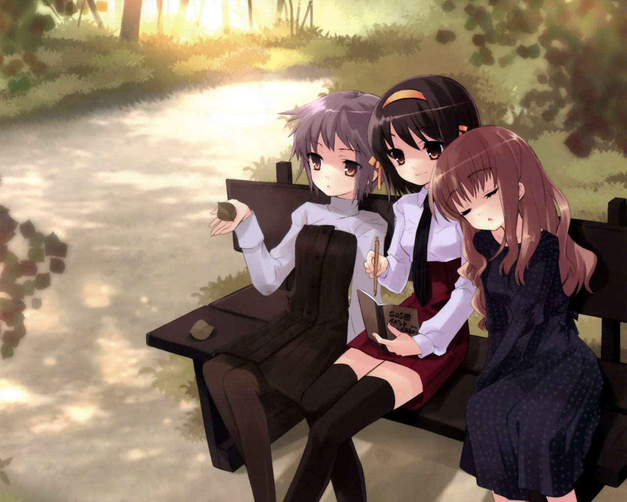 3d обои Юки, Харухи и Микуру из аниме Меланхолия Харухи Судзумии / The Melancholy of Haruhi Suzumiya сидят на скамейке в парке  девушки # 26852