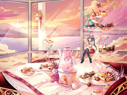 3d обои Две феи на празднично сервированном сладком столе с множеством разных вкусностей  предметы