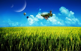 3d обои Над колосящемся полем пролетают воздушные шары и островок с ветряной мельницей  позитив