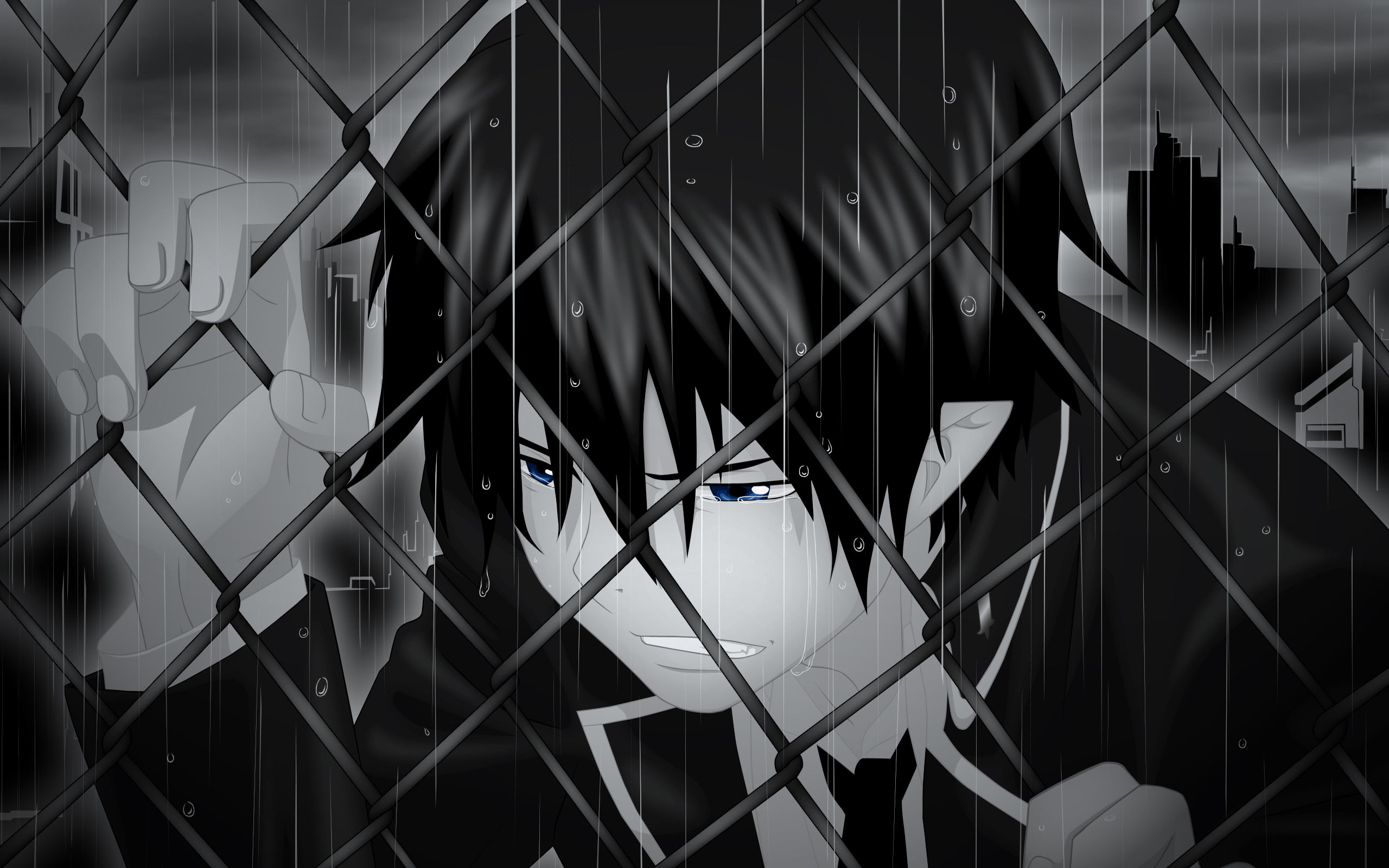 3d обои Плачущий Окимура Рин из аниме Aoi no Exorcist / Синий Экзорцист под дождём вцепился в решётку  эмоциональные # 89776