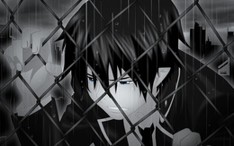 3d обои Плачущий Окимура Рин из аниме Aoi no Exorcist / Синий Экзорцист под дождём вцепился в решётку  черно-белые