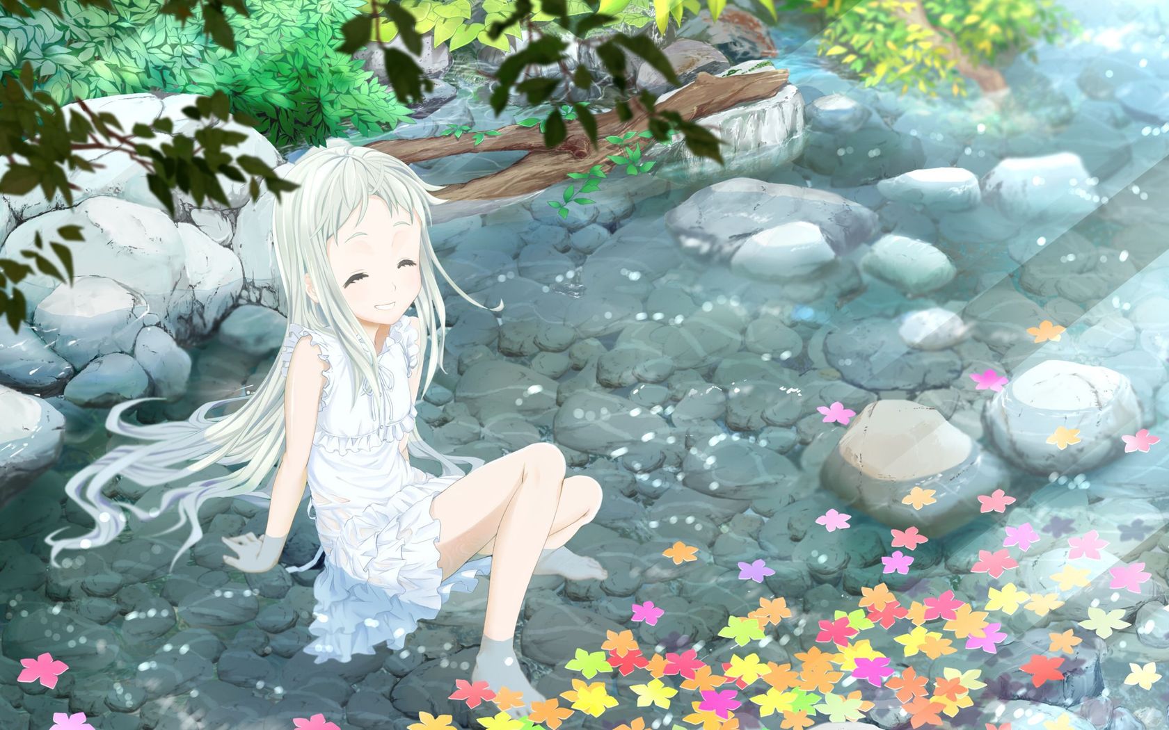 3d обои Мэнма (Мэйко Хомма) из аниме Невиданный цветок сидит в воде  1680х1050 # 7637