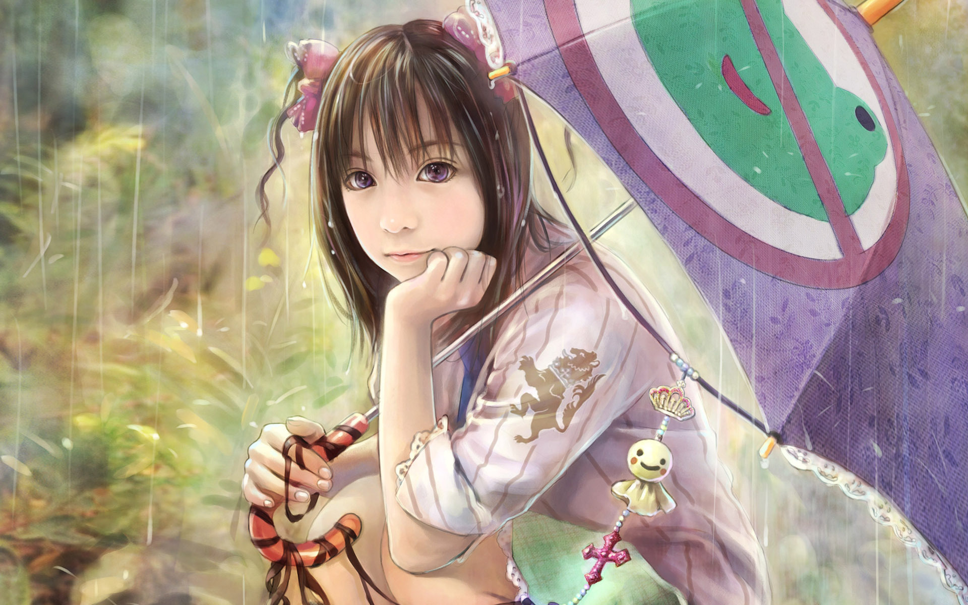 3d обои Японская девочка с зонтиком под дождём  рисунки # 77072