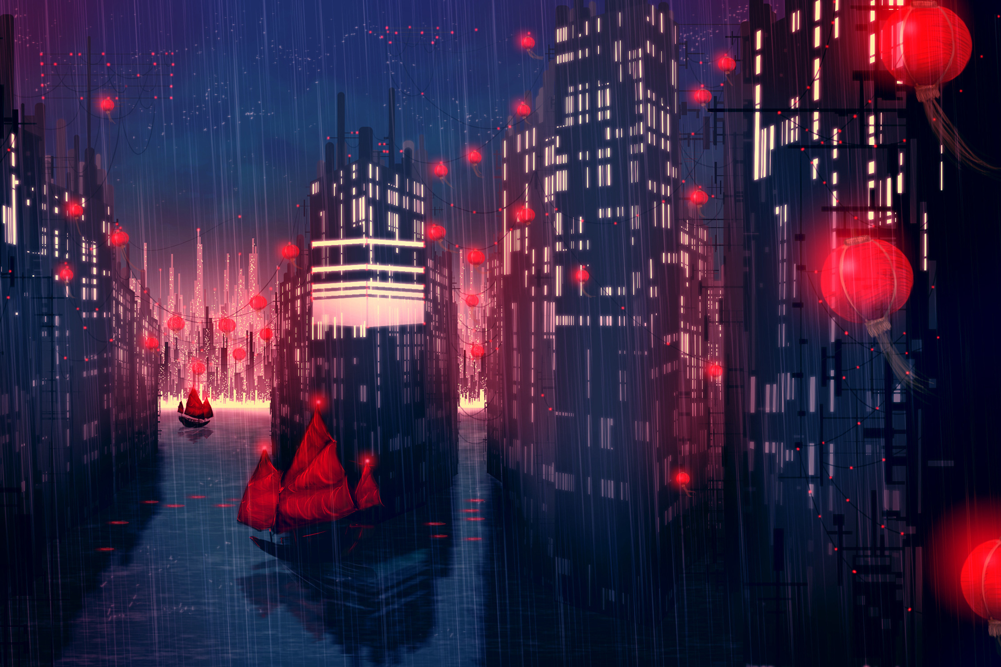 3d обои В затопленном ночном городе, увешанном красными фонарями, идёт дождь и плавают корабли с красными парусами  2000х1333 # 14908