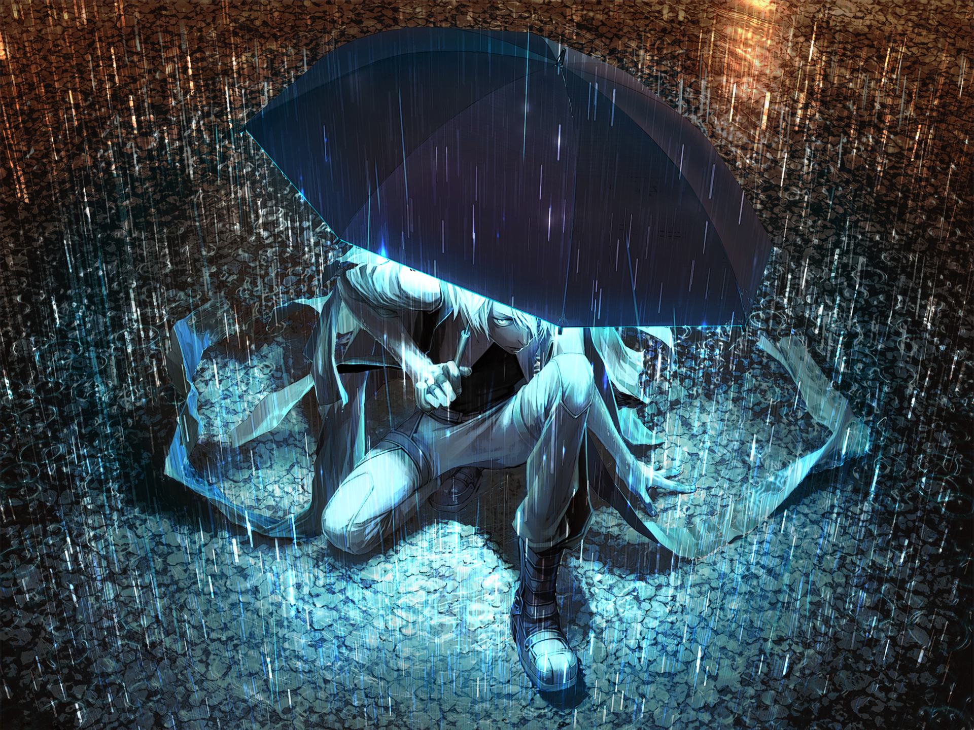 3d обои Парень с зонтом под дождём  1920х1440 # 14687