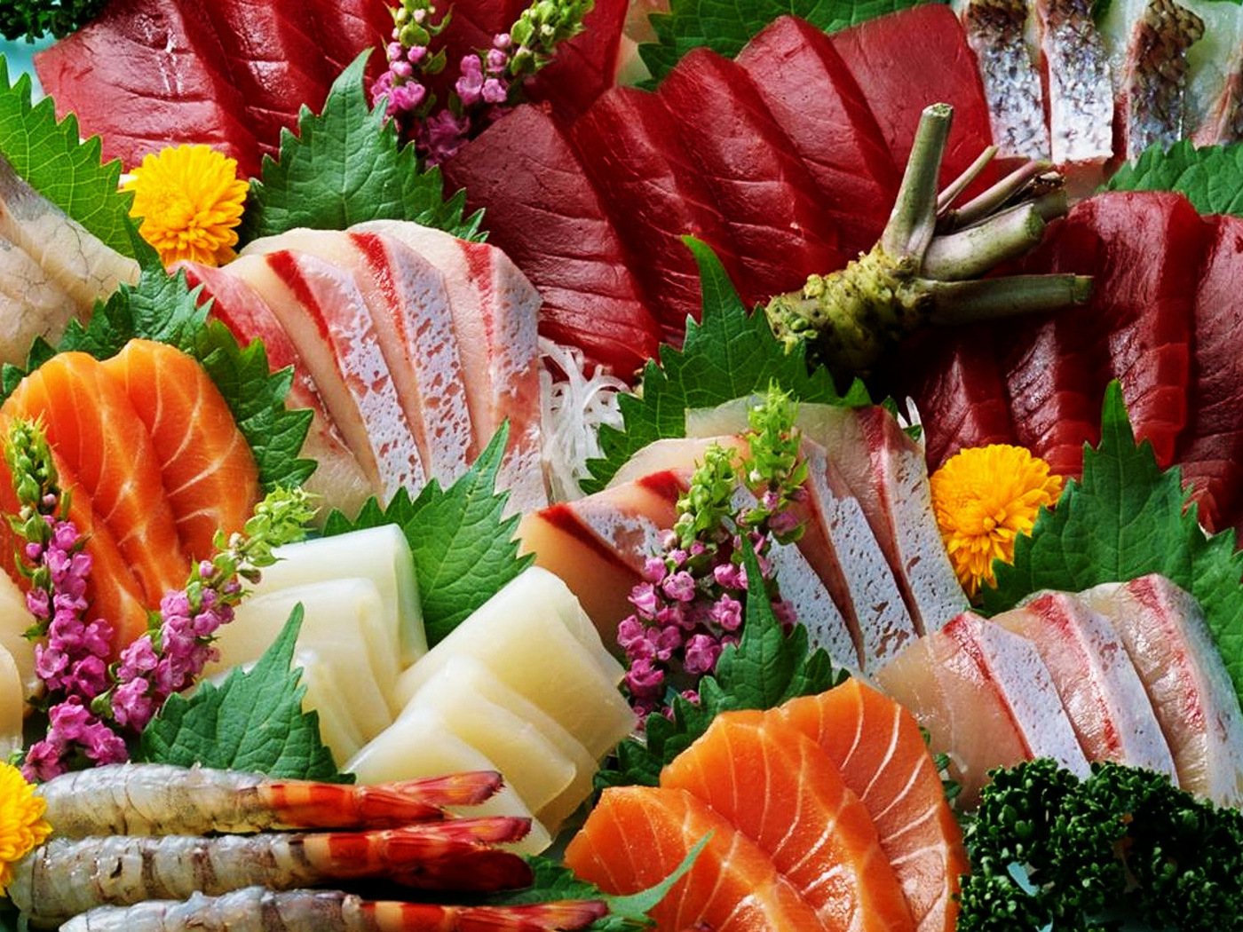 3d обои Азиатская кухня - рыба, креветки, экзотические овощи, цветы  1400х1050 # 4783