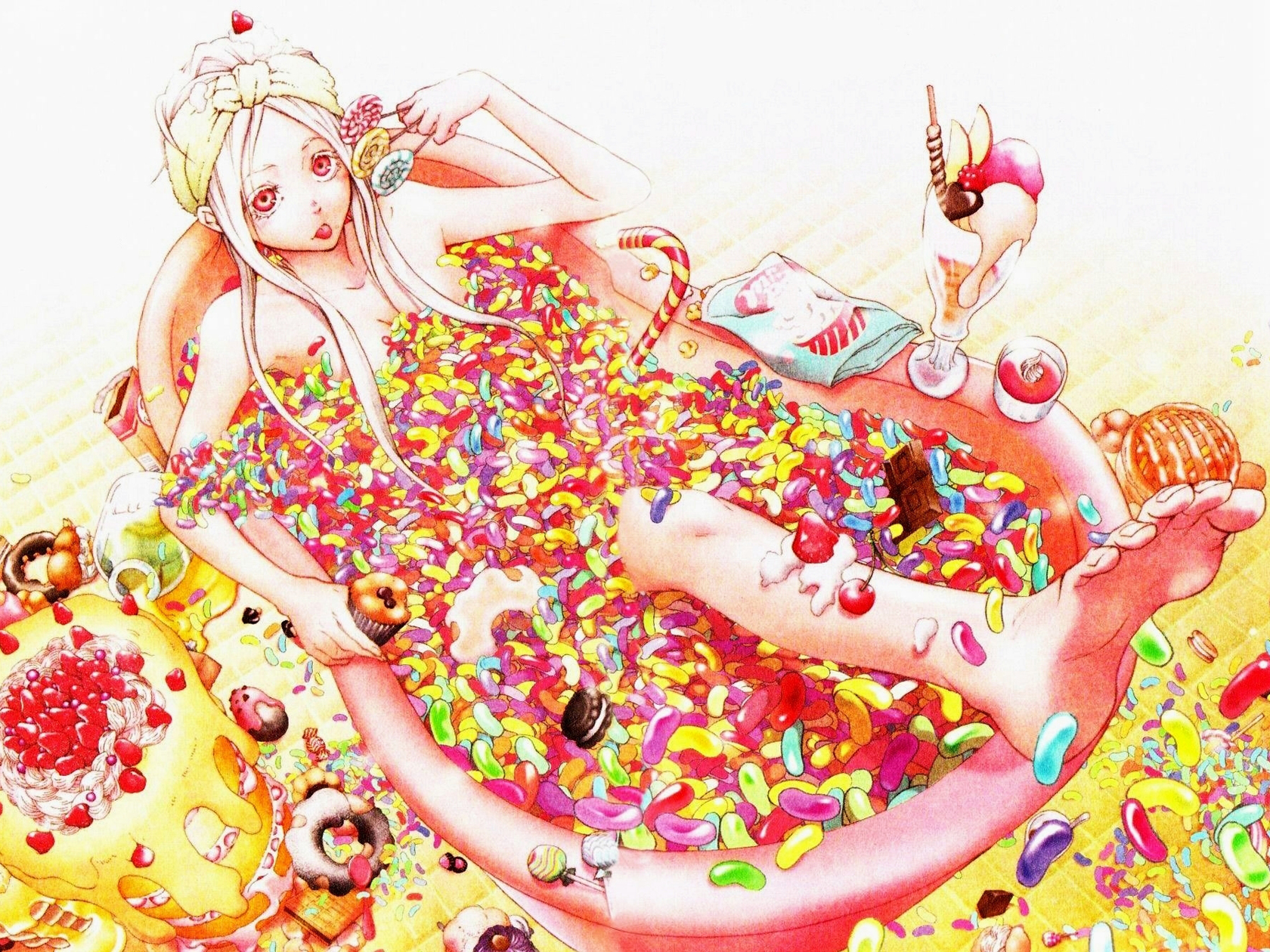 3d обои Девушка лежит в ванной со сладостями  манга # 53017