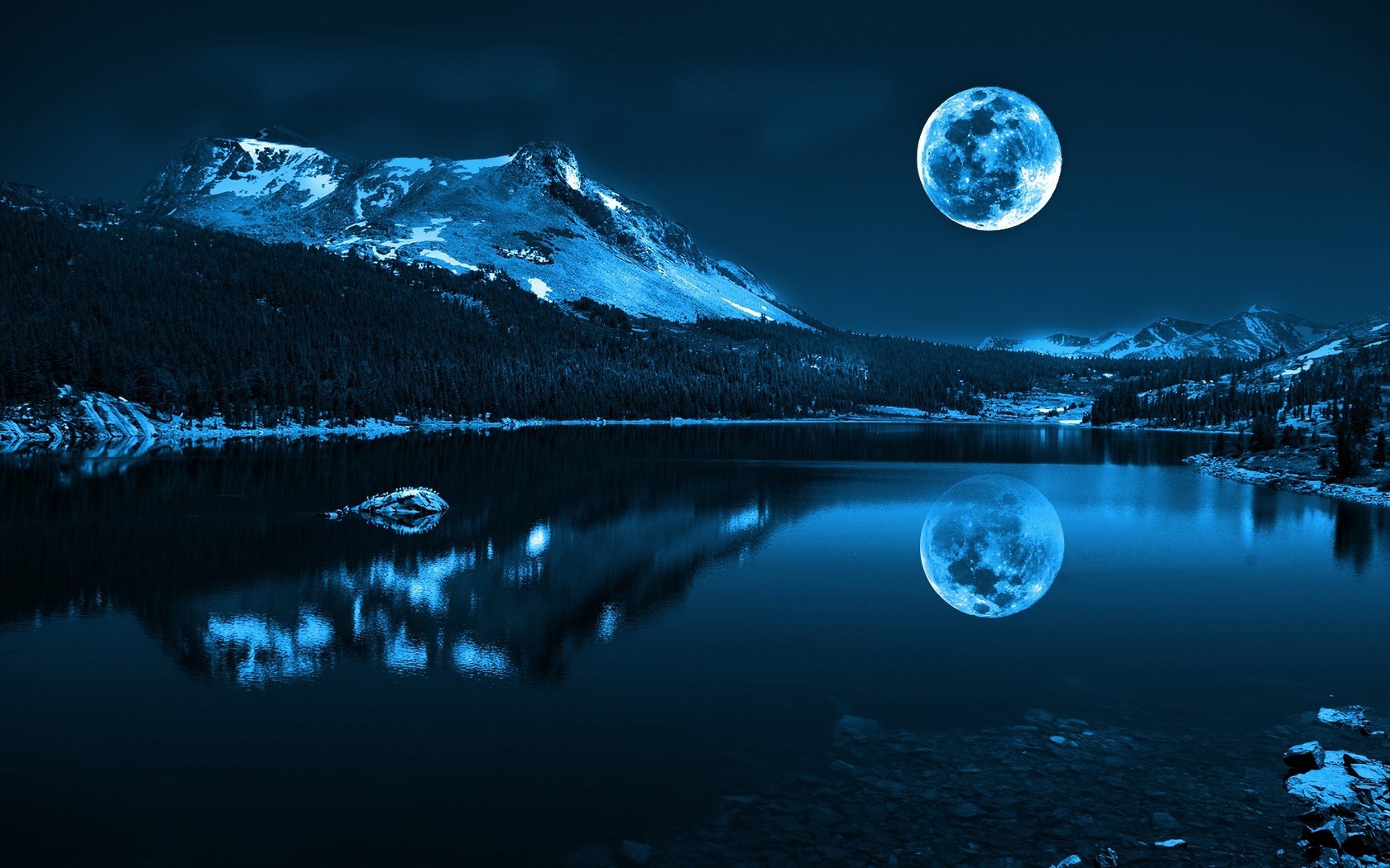 3d обои Луна ,лунная ночь ,озеро в окружении гор и леса  1680х1050 # 7618
