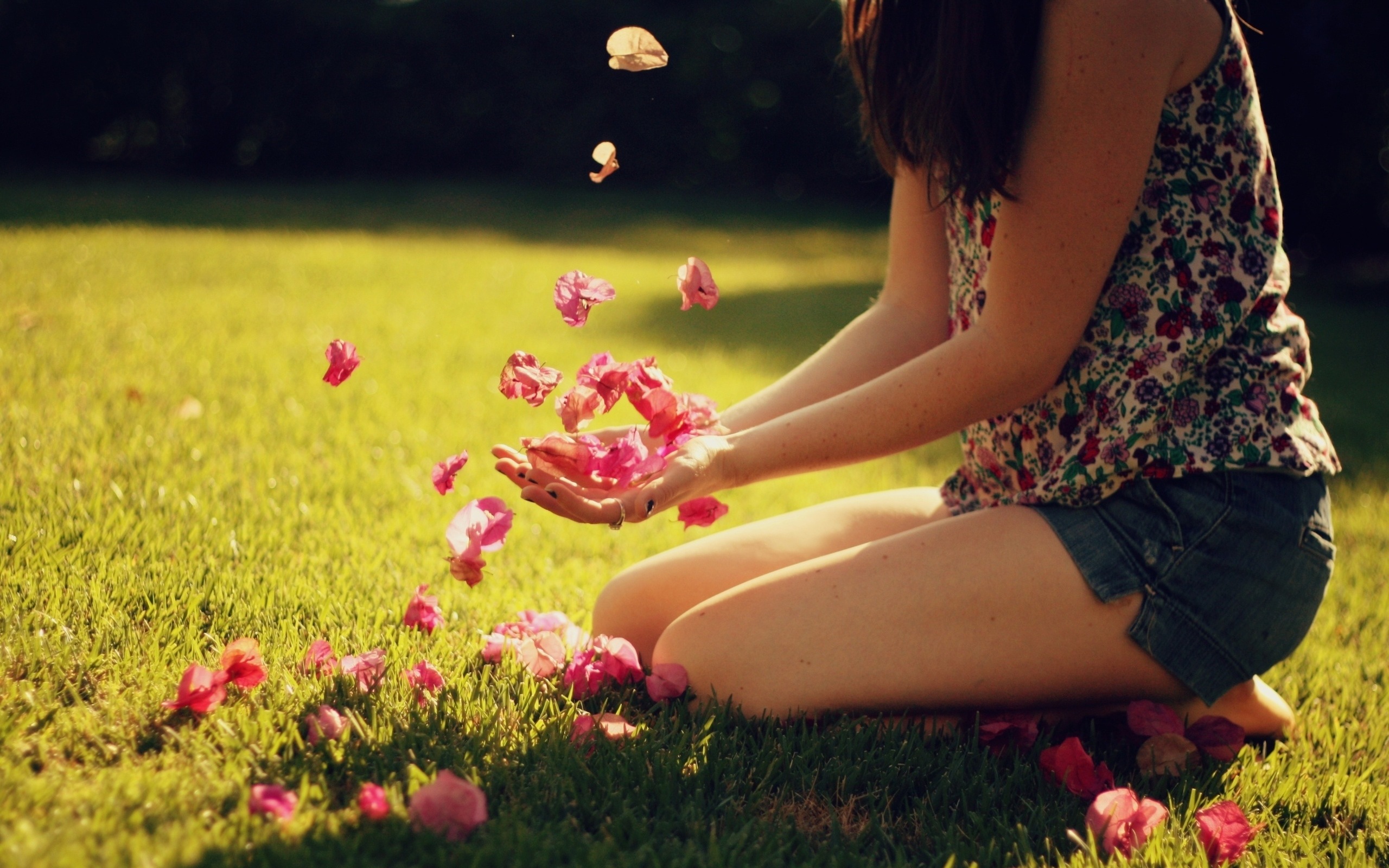 3d обои Девушка сидит на газоне и ловит лепестки цветов в руки  позитив # 68546