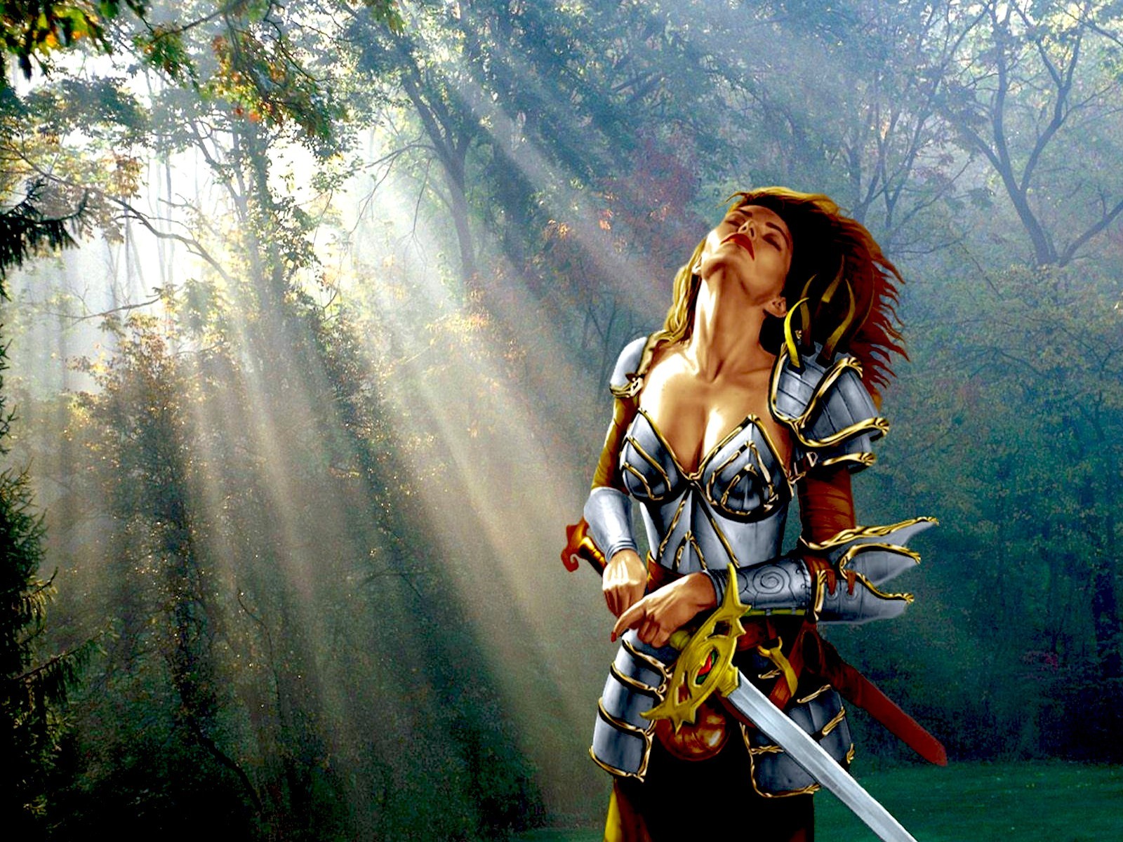 3d обои Девушка в доспехах и вооружённая мечом подставляет себя солнечным лучам, пробивающимся сквозь листву леса  милитари # 53438