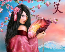 3d обои Девушка на фоне цветущей сакуры и вершины Фудзиямы  цветы