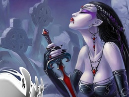 3d обои Вампирша с мечом на кладбище  девушки