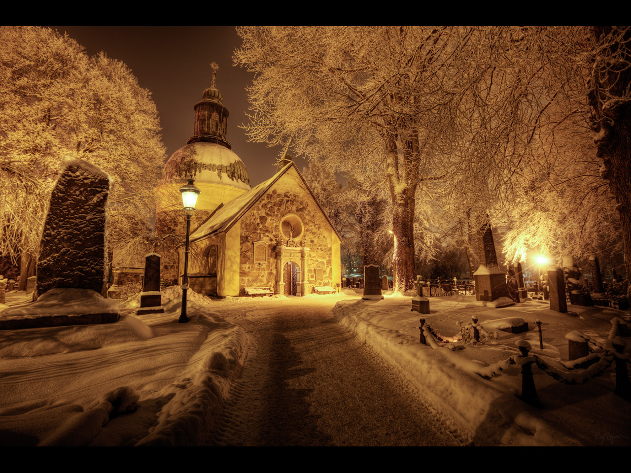 3d обои Заснеженная церковь  зима # 40708