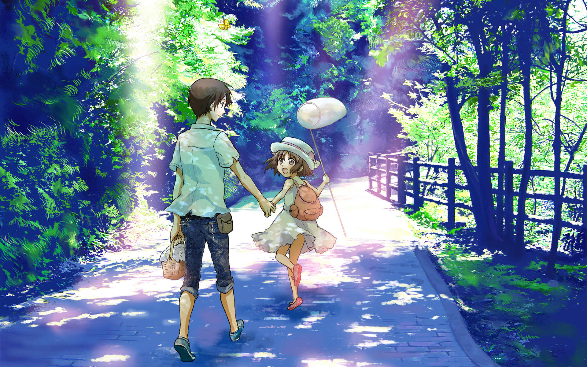3d обои Мальчик с девочкой идут по дороге  бабочки # 20663