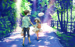 3d обои Мальчик с девочкой идут по дороге  аниме